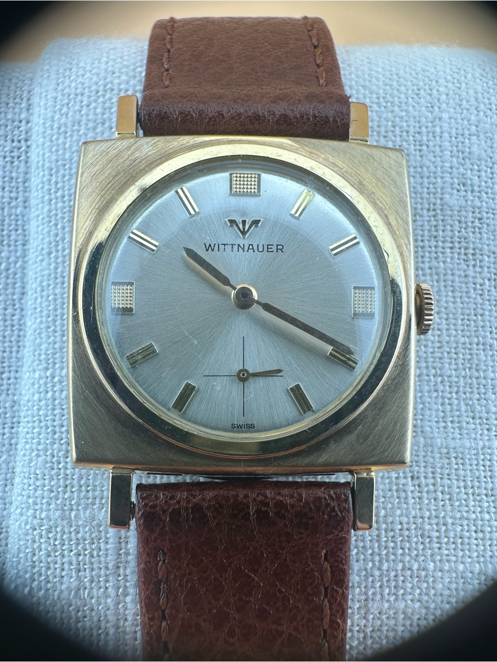 Wittnauer Gold Square Case Watch with Silver SunbursDial and Brown Leather Strap